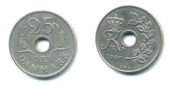ДАНИЯ 25 ЭРЕ 1967 С; S, ФРЕДЕРИК IX (1947-1972) KM 855.1 медно-никель 71-1653