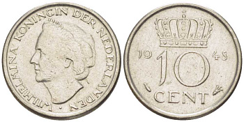 Нидерланды 10 центов 1948 Вильгельмина (1895-1948) KM 1777 никель 211-666