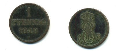 Ганновер 1 пфенниг 1848 B, Эрнст Август (1837-1851) KM 201.1, AKS 129, J. 74 медь 36-1116