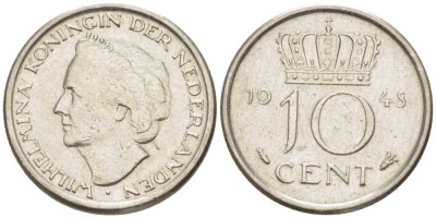 Нидерланды 10 центов 1948 Вильгельмина (1895-1948) KM 1777 никель 211-666