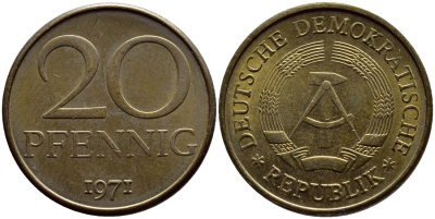 ГДР 20 пфеннигов 1971 А KM 11 латунь UNC 54-1424