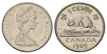 Канада 5 центов 1969 Елизавета II (1952-2022), бобр KM 60.1 никель 4689-358