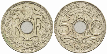 Франция 5 сантимов 1939 (.1939.), тип Линдауэр KM 875а, Le Franc 123.5 никель-бронза 105-416