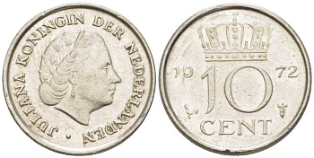 Нидерланды 10 центов 1972 Юлиана (1948-1980) KM 182 никель 214-1257