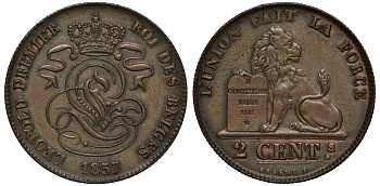 БЕЛЬГИЯ 2 САНТИМА 1857 BELGES KM 4.2 медь 02-264-25