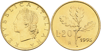 Италия 20 лир 1995 R, дубовый лист KM 97.2 алюминиевая бронза  UNC  4594-1013