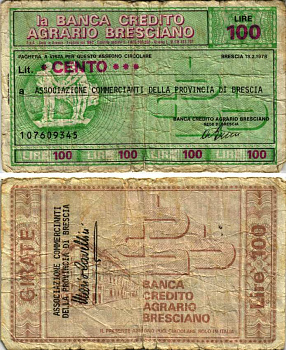 Италия 100 лир 1978 13 февраля 1978, La Banca credito agrario Brescia бумага 7222-42-3-2