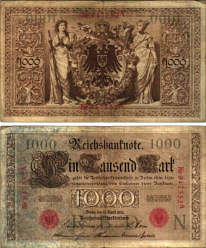 ГЕРМАНИЯ 1000 МАРОК 1910 21 АПРЕЛЯ 1910, ШЕСТИЗНАЧНЫЙ НОМЕР, СЕРИЯ А Pick 44а бумага 8610-1-1