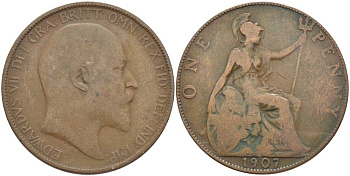 Великобритания 1 пенни 1907 Эдуард VII (1901-1910) KM 794.2, Spink 3990 бронза 4394-1025