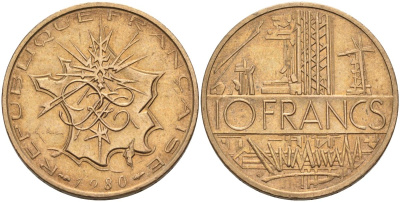 Франция 10 франков 1980 тип Матье KM 940, Le Franc 365.15-16 никель латунь 4593-546