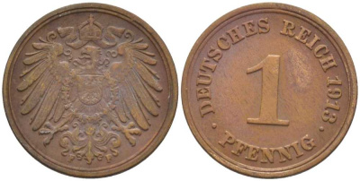 ГЕРМАНИЯ 1 ПФЕННИГ 1913 F KM 10, J. 10, Weege 2 медь 206-425