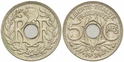 Франция 5 сантимов 1939 (.1939.), тип Линдауэр KM 875а, Le Franc 123.5 никель-бронза 105-416