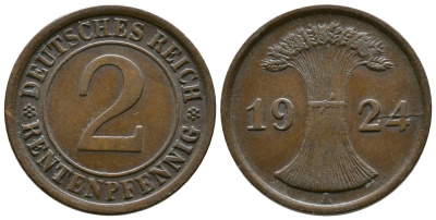 ГЕРМАНИЯ 2 РЕНТЕНПФЕННИГА 1924 A KM 31, J.307 бронза 86-1237