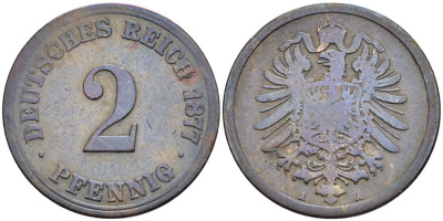 ГЕРМАНИЯ 2 ПФЕННИГА 1877 А, СТАРОГЕРБОВКА KM 2, Jager 2, Weege 3 медь 4546-616