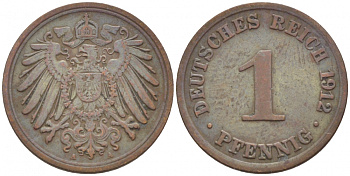 ГЕРМАНИЯ 1 ПФЕННИГ 1912 A KM 10, J.10 медь 110-222
