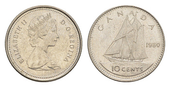 Канада 10 центов 1980 Елизавета II (1952-2022), парусник KM 77 никель 4639-642