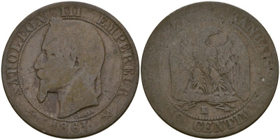 Франция 5 сантимов 1861 K - Бордо, Наполеон III (1852 - 1870) KM 797 бронза 51-1147