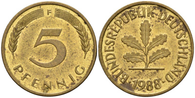 ФРГ 5 пфеннигов 1988 F KM 107, J.382 сталь плакированная латунью 4115-1232
