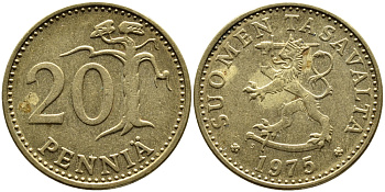 ФИНЛЯНДИЯ 20 ПЕННИ 1975 S KM 47 алюминиевая бронза 4388-633