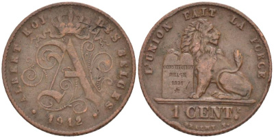 БЕЛЬГИЯ 1 САНТИМ 1912 BELGES KM 76 медь 4528-911