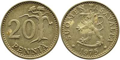 ФИНЛЯНДИЯ 20 ПЕННИ 1975 S KM 47 алюминиевая бронза 4388-633