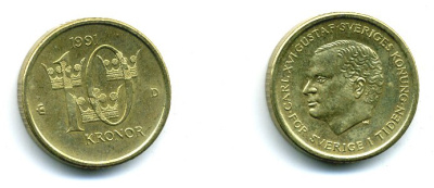 Швеция 10 крон 1991 D Карл XVI Густав (1973- ) KM 877 медь алюминий цинк 37-1224