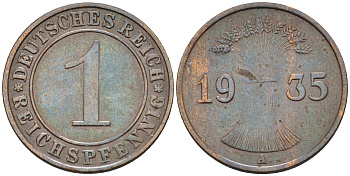 Германия 1 рейхспфенниг 1935 A KM 89, J.313 бронза 4594-844
