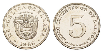 Панама 5 сентесимо 1966 тираж 13.000 экземпляров KM 23.2 медно-никель PROOF 1524-321