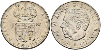 Швеция 1 крона 1973 U, Густав VI Адольф (1950-1973) KM 826a медь плакированный медно-никелем 4150-347