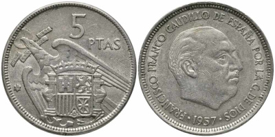 ИСПАНИЯ 5 ПЕСЕТ 1957 (64) ФРАНСИСКО ФРАНКО ДИКТАТОР ИСПАНИИ (1939-1975) KM 786 медно-никель 113-122