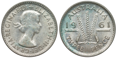 Австралия 3 пенса 1961 m, Елизавета II (1952-2022) KM 57 серебро 71-769