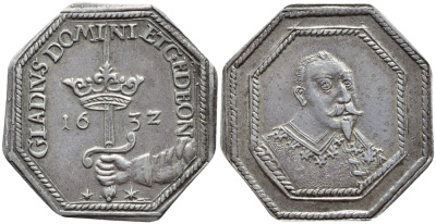 ШВЕЦИЯ МЕДАЛЬ 1632 НА СМЕРТЬ ГУСТАВА II АДОЛЬФА, ВОСЬМИУГОЛЬНАЯ , 21 ММ., ВЕС 3,01 ГР. HILDEBRAND 64, SCHULTZE 75.22 серебро 4395-1042