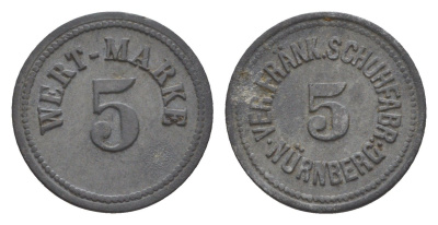 Нюрнберг 5 пфеннигов ND Обувная фабрика, Wert Marke Men05 19344.3, Men18 24214.3 цинк 1528-721