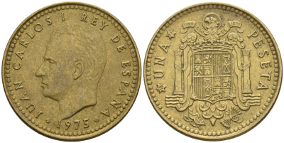 Испания 1 песета 1975 (77) Хуан Карлос I (1975-2014) KM 806 алюминиевая бронза 4604-235