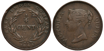 Стрейтс-Сетлментс 1/4 цента 1845 Ост-Индская компания KM 1 медь 100-1217