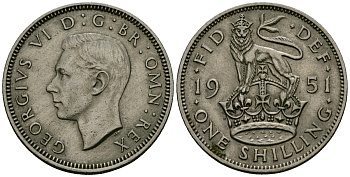 Великобритания 1 шиллинг 1951 Георг VI (1936-1952), Английский герб KM 863, Spink 4103 медно-никель 4546-1237