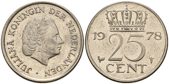 Нидерланды 25 центов 1978 Юлиана (1949-1980) KM 183 никель    4598-529
