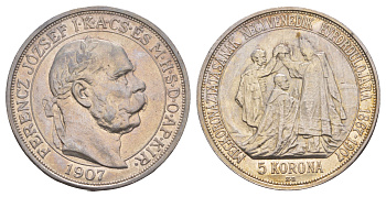 Венгрия 5 крон 1907 KB, 40 лет со дня коронации Франца Иосифа I (1848-1916) KM 489 серебро  aUNC  1531-121