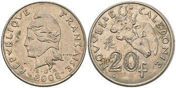 Французская Новая Каледония 20 франков 2008 три быка, (IEOM) KM 12a, Schoen 14a медно-никель 4131-1036