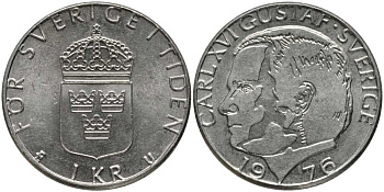 Швеция 1 крона 1976 U, Карл XVI Густав (1973- ) КМ 852 медь плакированная медно-никелем 202-517