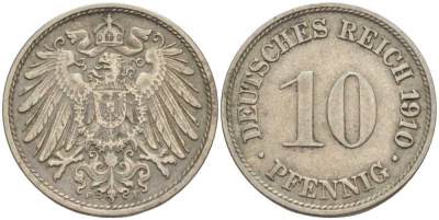 ГЕРМАНИЯ 10 ПФЕННИГОВ 1910 F KM 12, J. 13 медно-никель 31-947