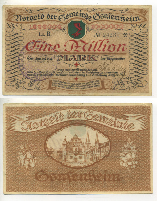 Германия, Майнц 1000000 марок 1923 нотгельд, 17 августа 1923, серия В   бумага  434-21-2-2