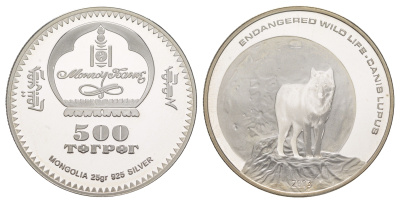 Монголия 500 тугриков 2003 Вымирающие виды - Волк (Canis lupus), с сертификатом, тираж 10.000 экземпляров KM 204 серебро PROOF 11-153-22