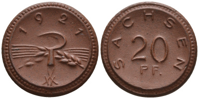 Саксония 20 пфеннигов 1921 колосья и серп J. N 53 фарфор UNC 1094-8-22