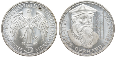 ФРГ 5 марок 1969 F, 375 лет со дня смерти Герарда Меркатора J. 400, KM 126.1 серебро 4178-831