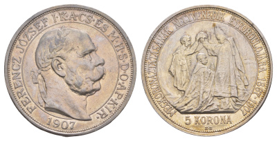 Венгрия 5 крон 1907 KB, 40 лет со дня коронации Франца Иосифа I (1848-1916) KM 489 серебро  aUNC  1531-121