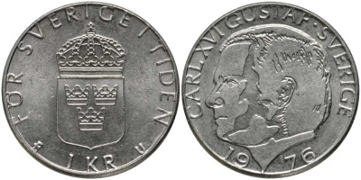 Швеция 1 крона 1976 U, Карл XVI Густав (1973- ) КМ 852 медь плакированная медно-никелем 202-517