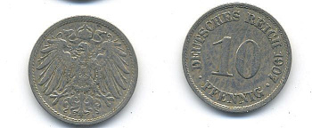 Германия 10 пфеннигов 1907 A KM 12, J. 13 медно-никель 58-254