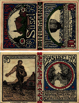 ЗЮЗЕЛЬ, ГЕРМАНИЯ 1 МАРКА 1920 НОТГЕЛЬД, ЗЕМЛЯ ШЛЕЗВИГ-ГОЛЬШТЕЙН, 4 НОЯБРЯ 1920, ПЕРФОРАЦИЯ, 50 + 50 ПФЕННИГОВ ARNOLD KELLER 1301.1 бумага 7487-50-3-2