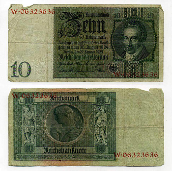 Германия 10 рейхсмарок 1929 Альбрехт Д. Тэер, буква Q, серия W Pick 180a, Ros. 173е  бумага 6287-50-3-1